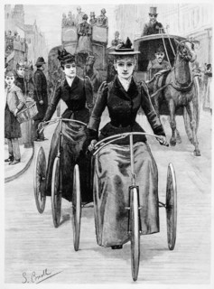 Women Riding Three Wheel Cycles in City Traffic, Engraving, 1880