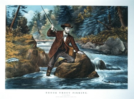 Man Brook Trout Fishing, "An Anxious Moment", Currier & Ives, Lithograph, 1862