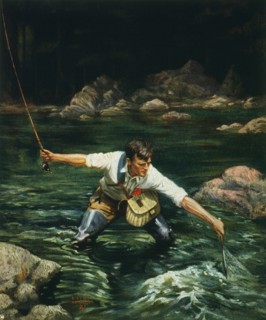 Man Fishing, "Landing the Trout", The Literary Digest, Lithograph, June 10, 1922