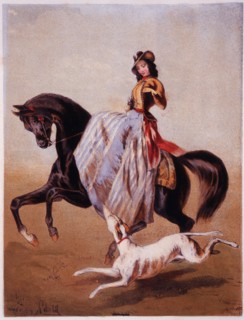 Woman Riding Side Saddle, Hand Colored Engraving, circa 1870