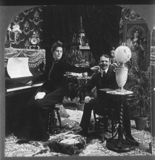 Man and Woman in Victorian Parlor, Single Image of Stereo Card, circa 1900