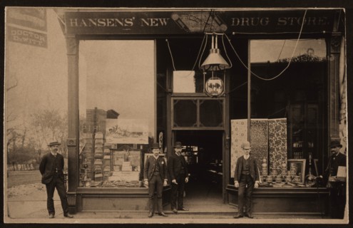 Four Men Standing in Front of Drug Store, USA, Albumen Photograph, 1890