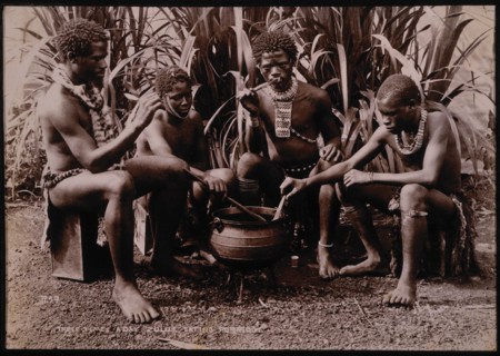 Four Zulu Men Eating From Cooking Pot, South Africa, circa 1890