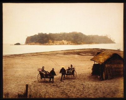 Two Rickshaws on Beach With View of Enoshima, Japan, circa 1880