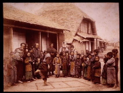 Children Playing Hopscotch, Japan, Hand-Colored Albumen Photograph