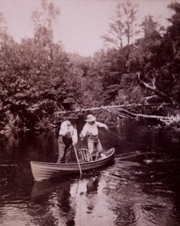 Two Boys Fishing From Canoe in River, USA, Albumen Stereo Photo, circa 1898
