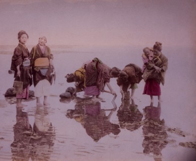 Japanese Women and Children Gathering Seashells on Beach, Japan, circa 1880