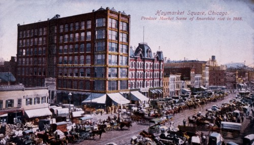 Haymarket Square, Produce Market Scene of Anarchist Riot of 1886, Chicago, Illinois, USA, Hand-Colored Postcard, circa 1888