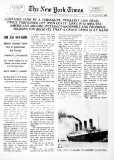 Sinking of Lusitania by German Submarine, New York Times Front Page, May 8, 1915