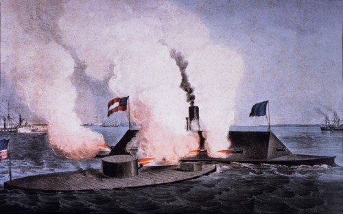 Terrific Combat between the "Monitor" 2 Guns and  "Merrimac" 10 Guns, Lithograph, Currier and Ives, 1862