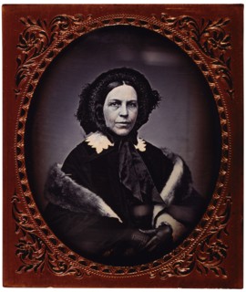 Middle-Aged Woman in Winter Cape and Fur Stole, Portrait, Daguerreotype, circa 1850's