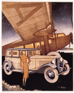 Woman Standing Next to Car and Airplane, Hillman Wizard Automobile Advertisement, 1931