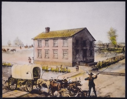 First Public School in Chicago, Illinois, USA, Hand-Colored Lantern Slide, circa 1844
