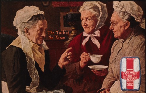 "The Talk of the Town", Three Elderly Women in White Bonnets Drinking Coffee, Red Bird Coffee Trade Card, circa 1911