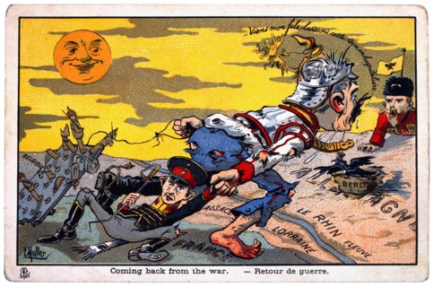 World War I French Satirical Card, Coming Back From the War, circa 1918