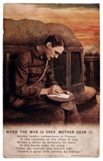 World War I Poster, English Soldier in France with Music Lyrics, "When the War is Over Mother Dear", circa 1914
