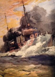 World War I American Destroyer Laying Smoke Screen in North Atlantic Ocean, Illustration by LA Shafer, USA, Painting, circa 1917