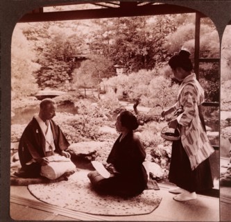 Two People Sitting in Japanese Garden, Kyoto, Japan, Single Image of Stereo Card, circa 1904
