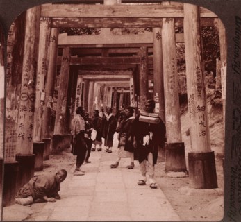 Group of People at Shinto Temple of Inari, Kyoto, Japan, Single Image of Stereo Card, circa 1904