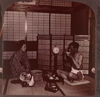 Man Eating Evening Meal at Inn, near Hiroshima, Japan, Single Image of Stereo Card, circa 1904