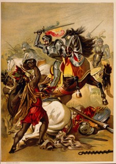 Hernan Cortes (1485-1547), Spanish Conquistador, Battle in Tlascalan Territory, Mexico, 1519, Chromolithograph from Painting by O. Graeff, 1892