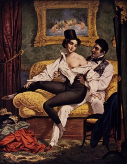 Partially Nude Woman Sitting on Man's Lap on Sofa, Chromolithograph, Nicolas-Eustache Maurin, 1830