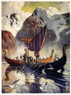 Viking Ship in Fjord, Lithograph, 1925 after Painting by Manning de V. Lee