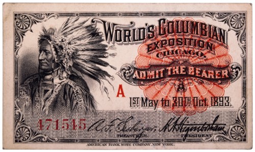 Native American Engraving, Ticket to World's Columbian Exposition, Chicago, Illinois, 1893
