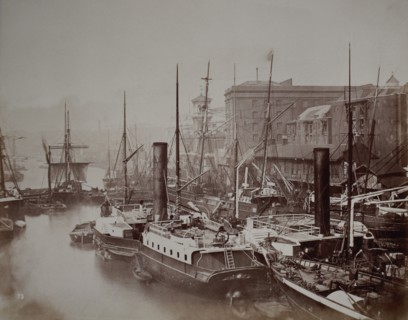 Sail and Steam Merchant Ships at Dock, circa 1880