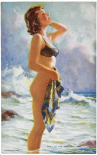 Partially Nude Woman Standing on Beach, "Free as the Breeze", Mutoscope Card, 1940's