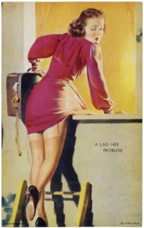 Sexy Woman with Suitcase Climbing out of Window onto Ladder, "A Lad-Her Problem", Mutoscope Card, 1940's