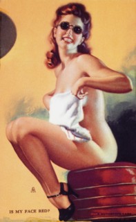 Sexy Nude Woman in Sunglasses Holding Towel in Front of Breasts, "Is My Face Red?, Mutoscope Card, 1940's