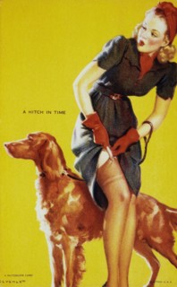 Sexy Woman With Dog Attaching Stocking to Garter Belt, "A Hitch in Time", Mutoscope Card, 1940's