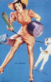 Sexy Woman Tangled in Dog Leash While Holding Gift Boxes, "Help Wanted", Mutoscope Card, 1940's