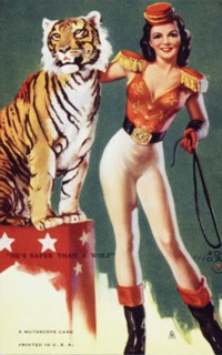 Sexy Female Animal Tamer with Tiger, "He's Safer Than a Wolf", Mutoscope Card, 1940's