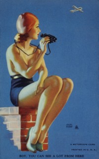 Sexy, Partially-Nude Woman with Binoculars, "Boy, You Can See A Lot From Here", Mutoscope Card, 1940's
