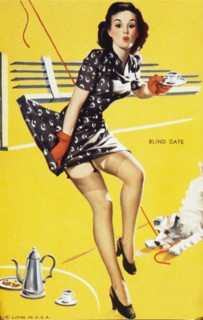 Dog Lifting Sexy Woman's Skirt by Raising Window Blind, "Blind Date", Mutoscope Card, 1940's