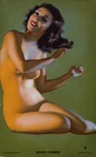 Sexy Woman in One-Piece Bathing Suit Combing Hair, "Beach Comber", Mutoscope Card, 1940's