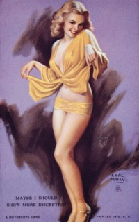 Sexy Woman in Revealing Clothes, "Maybe I Should Show More Discretion", Mutoscope Card, 1940's