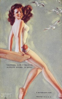 Sexy Woman in Bathing Suit Sitting on Diving Board, "Mother Said I Should Always Avoid a Dive",  Mutoscope Card, 1940's