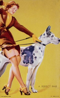 Sexy Woman Walking Large Great Dane, "A Perfect Pair", Mutoscope Card, 1940's