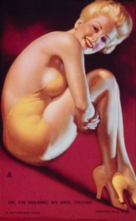Sexy Woman Wearing Yellow Bathing Suit With Knees Brought into Chest, Oh, I'm Holding my Own, Thanks", Mutoscope Card, 1940's