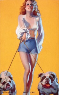Sexy Woman Walking Two Bulldogs, "Safety First", Mutoscope Card, 1940's