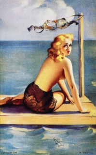 Sexy Topless Woman Using Bra as Sail, "Short on Sails", Mutoscope Card, 1940's