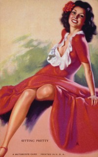 Sexy Woman in Long Red Dress, "Sitting Pretty", Mutoscope Card, 1940's