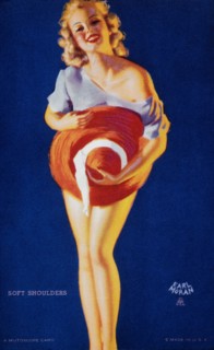 Sexy Woman Holding Large Hat Against Torso, "Soft Shoulders", Mutoscope Card, 1940's