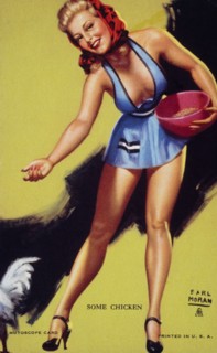 Sexy Woman Feeding Chickens, "Some Chicken", Mutoscope Card, 1940's
