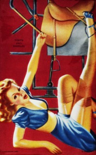Sexy Woman Riding Mechanical Bull, "Toots and Saddles", Mutoscope Card, 1940's