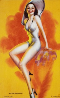 Sexy Woman Wearing One-Piece Bathing Suit and Floppy Hat, "Water Proofed", Mutoscope Card, 1940's