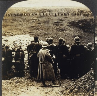 French Reserves Watching Troops Advance to Front Line, Single Image of Stereo Card, 1917